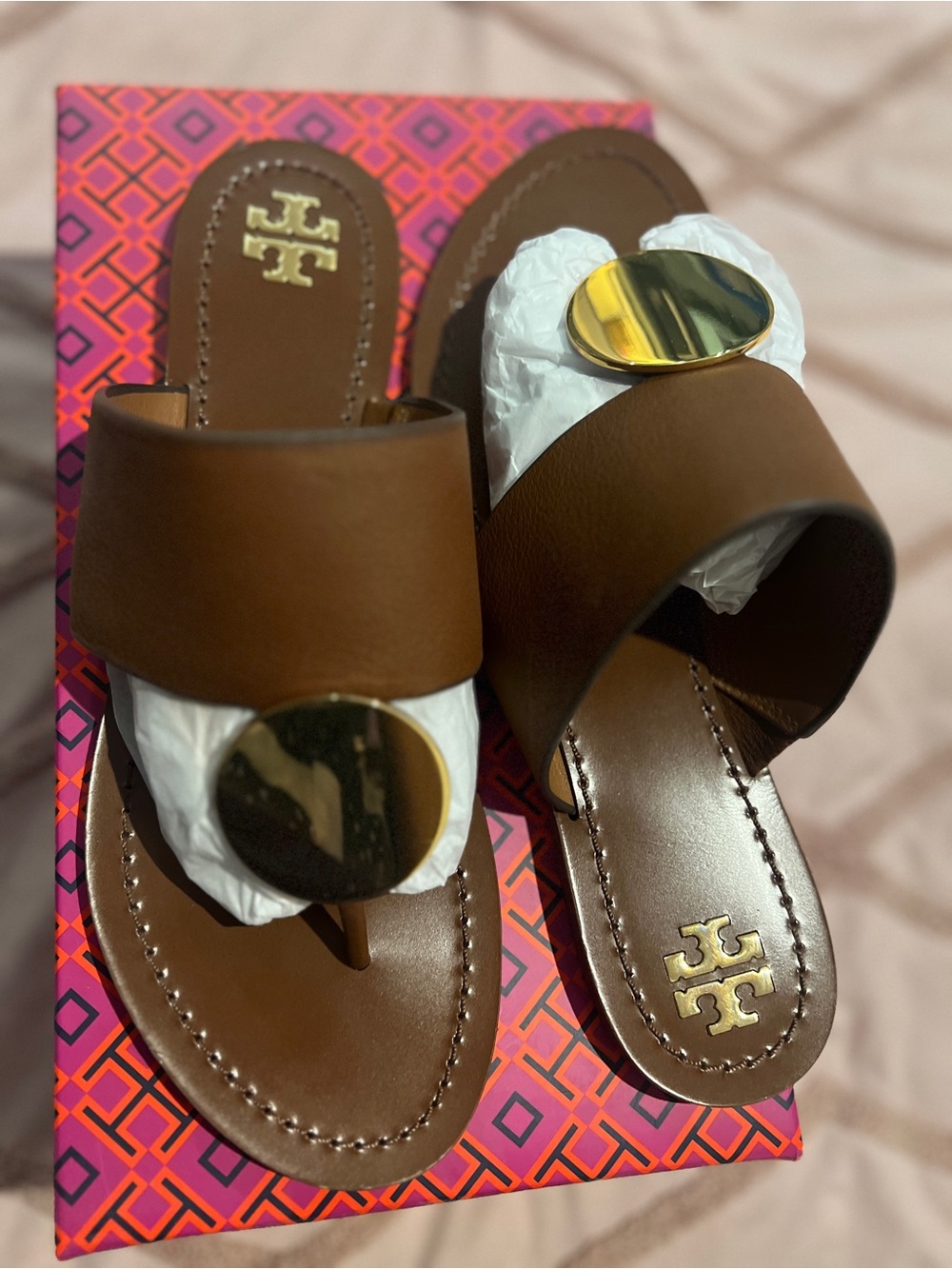 Tory Burch Brown Leather Slide Sandals with Gold Medallion